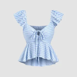 Blue Gingham Ruffle Sleeve Peplum Top with Front Tiev