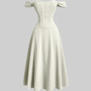 Cream Faux Fishbone Design Romantic Off-Shoulder Dress