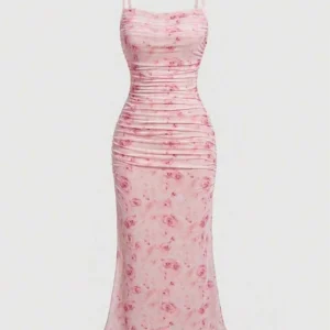 Ruched Bodycon Dress With Floral Print And Spaghetti Straps