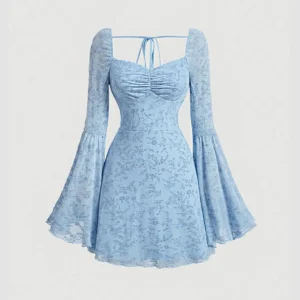 Dusty Blue Lace Flare Sleeve Mini Dress with Ruched Front