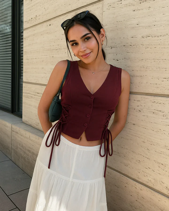 Solid Color Cross Tie Strap Black Side Strap Crop Tank Top In Maroon - Image 2