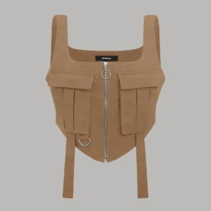 Zip Up Flap Pocket Brown Tank Top