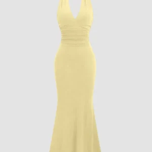 Solid Color Halter Backless Vanilla Mermaid Dress